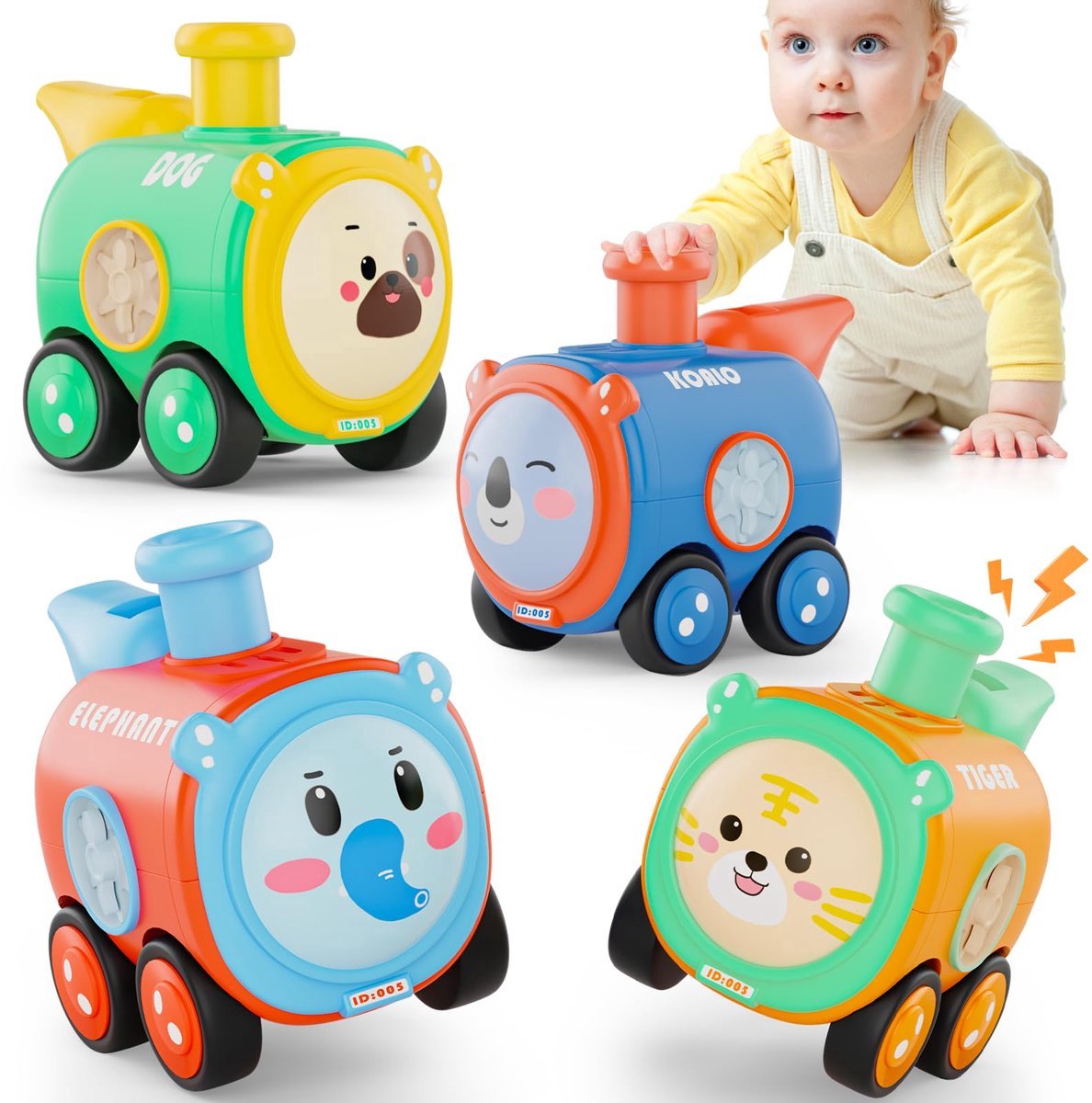 Kraftverdia - Speelgoed auto - Vanaf 1 jaar jongens en meisjes - 4 stuks Trein baby dierenraceauto - Press-and-go speelgoedvoertuigenset voor peuters 10-12-18 maanden - cadeau voor kinderen van 1 2 3 jaar