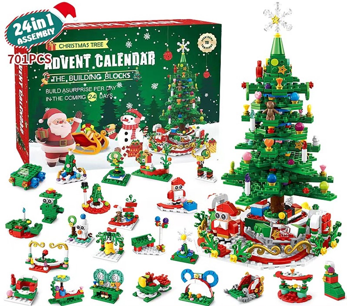 kalender 2025 - bouwstenen speelgoed - Kerstmis - kerstboom - Bouwspeelgoed - Kerstcadeaus - Niet geschikt voor LEGO - Kinder Bouwset met Licht - geschikt voor Kerstcadeaus voor jongens en meisjes