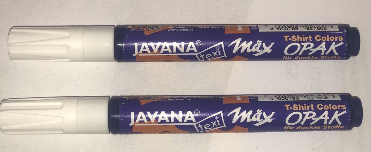 SET van 2 stiften: Witte textiel stift - Javana Texi Max - 2-4 mm kogelpunt