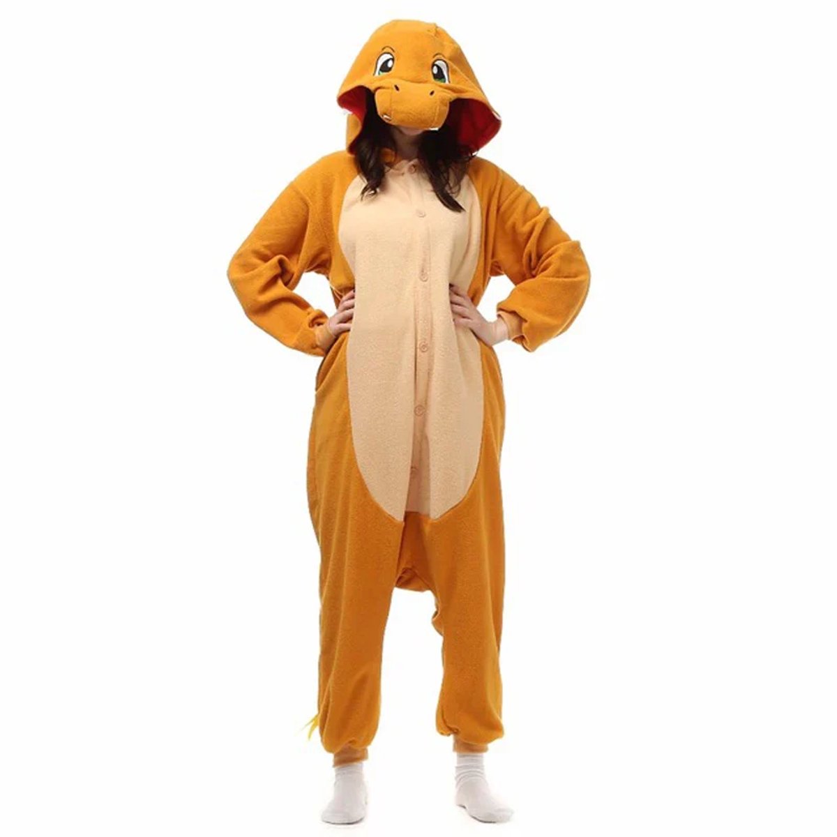 KrijgHonger - Draken Onesie - Oranje - Maat M (155-165cm) - Poke kostuum - Voor Kinderen & Volwassenen - Verkleedkleding - Carnavalskleding - Kostuums - Pyjama - Onesies - Halloween - Carnaval - Huispak