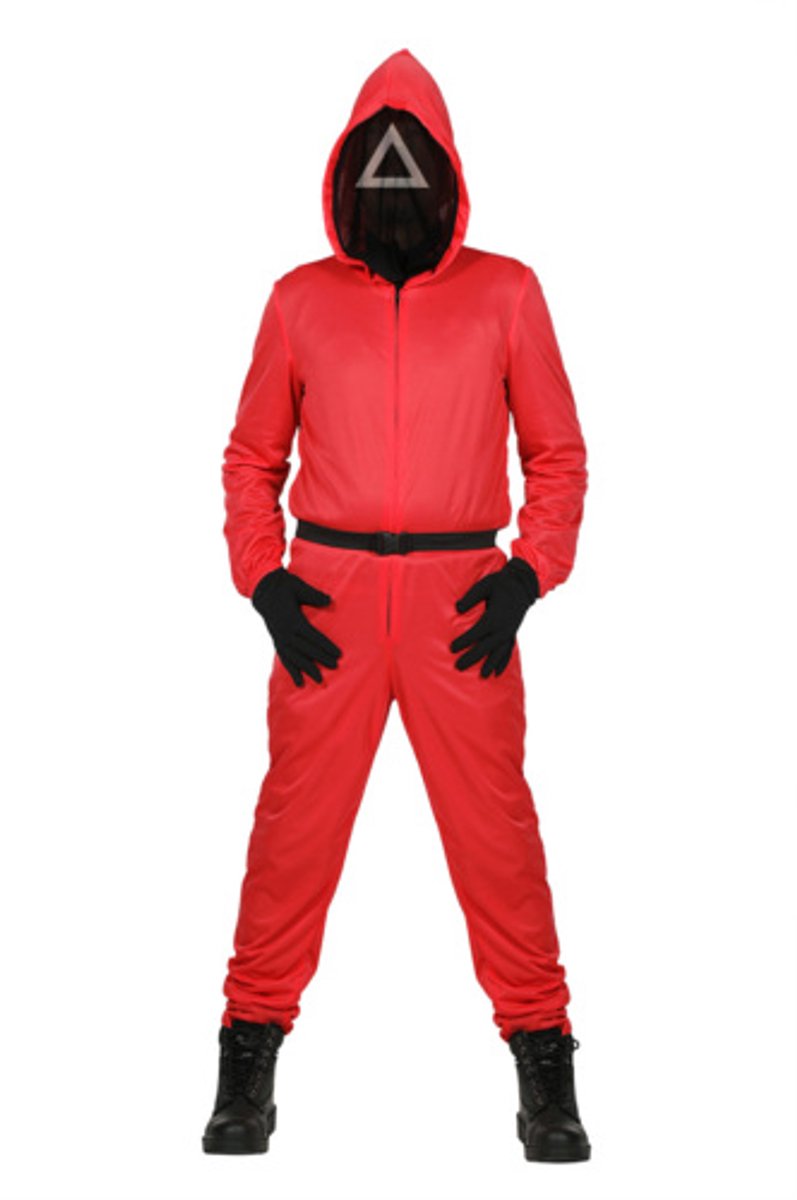 KrijgHonger - Game Kostuum - Met Masker Driehoek - Maat S (Geschikt voor 160 -165cm) - Game Pak - Bewaker Kostuum - Met Riem, Masker en Handschoenen - Carnavalskleding - Verkleedkleding - Carnaval - Halloween - Volledig verkleedpak - Cosplay