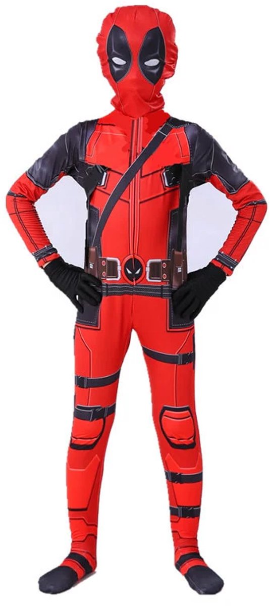 KrijgHonger – Rood-Zwart Superheld Kostuum Kind – 140 (Geschikt voor 130-140 cm) – Verkleedkleding – Carnaval – Halloween – Jumpsuit & Masker – Actiekostuum voor Jongens & Meisjes