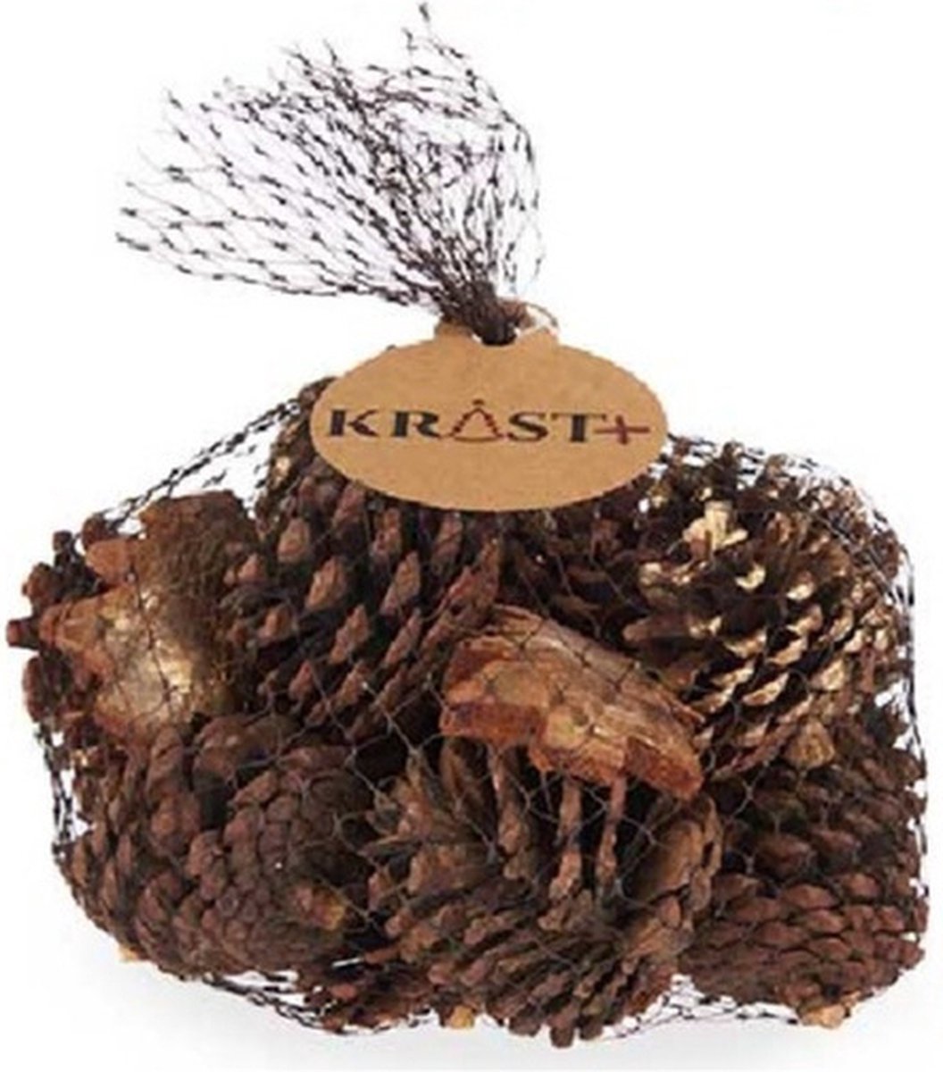 Krist+ Decoratie dennenappels - zakje van 24 x 16 x 24 cm - goud - 7 cm