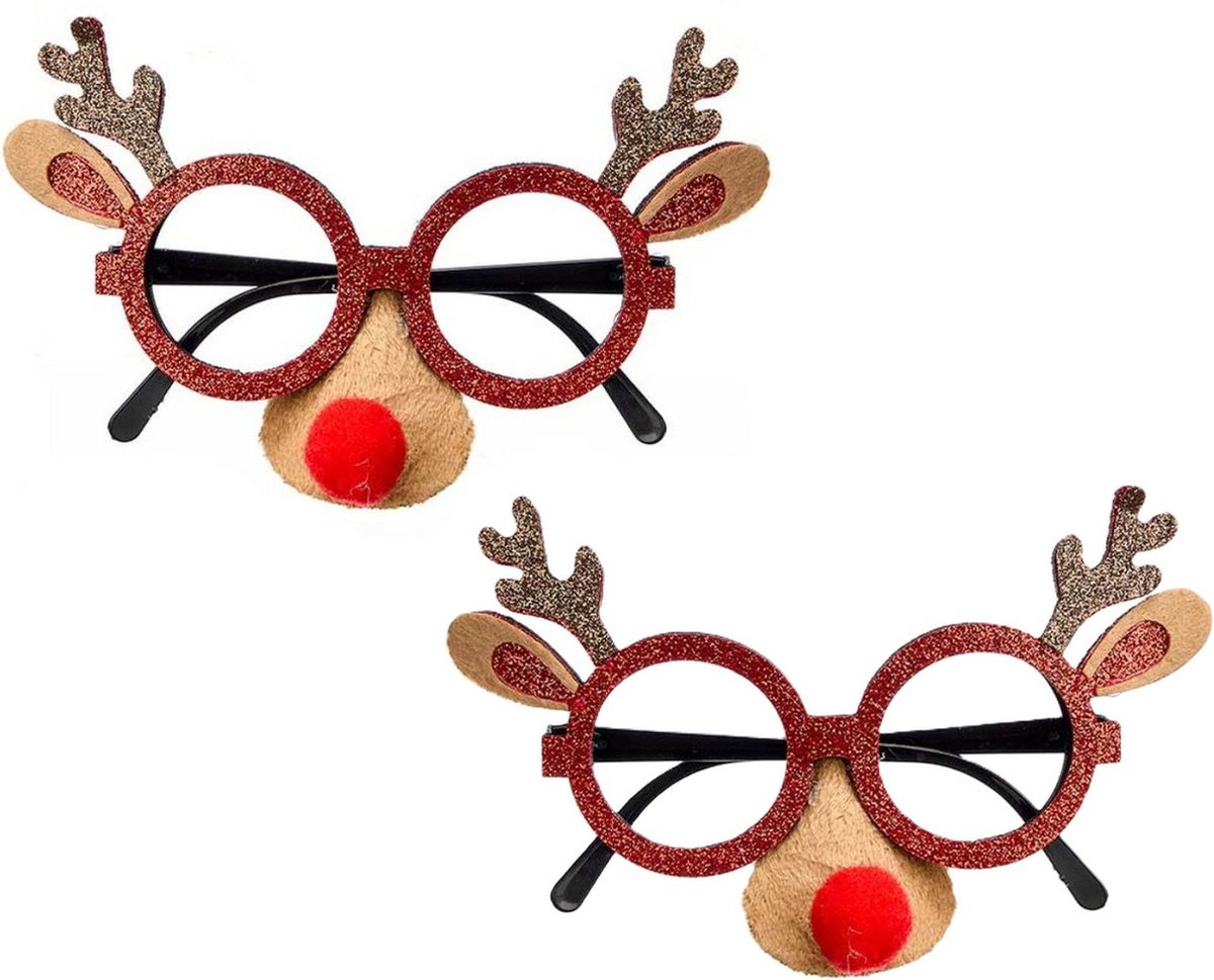Krist+ Rendier feestbrillen - 2x st- met neus - bruin/goud - 15 cm - bril met neus - accessoires