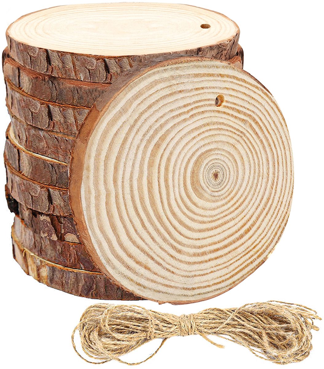 Kurtzy 10 Pak Onbewerkte Houtsnedes met Gaten en Koord - 10 en 12 cm Diameter, 10 mm Dik - Rustiek Natuurlijk Houten Boomschijven met Schors - Kunst/Hobby, DIY, Hangende Decoraties & Kerstornamenten