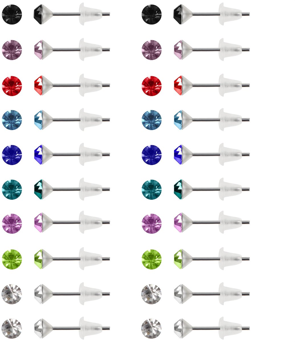Kurtzy 20 Paar Rond Kubus Zirkonium Knop Oorbellen met Opslag Doos – 4mm – 9 Geassorteerde Kleuren, Roestvrij Staal met Zacht Rubberen Stoppers – CZ Oorbel Knoppen voor Dames & Meisjes