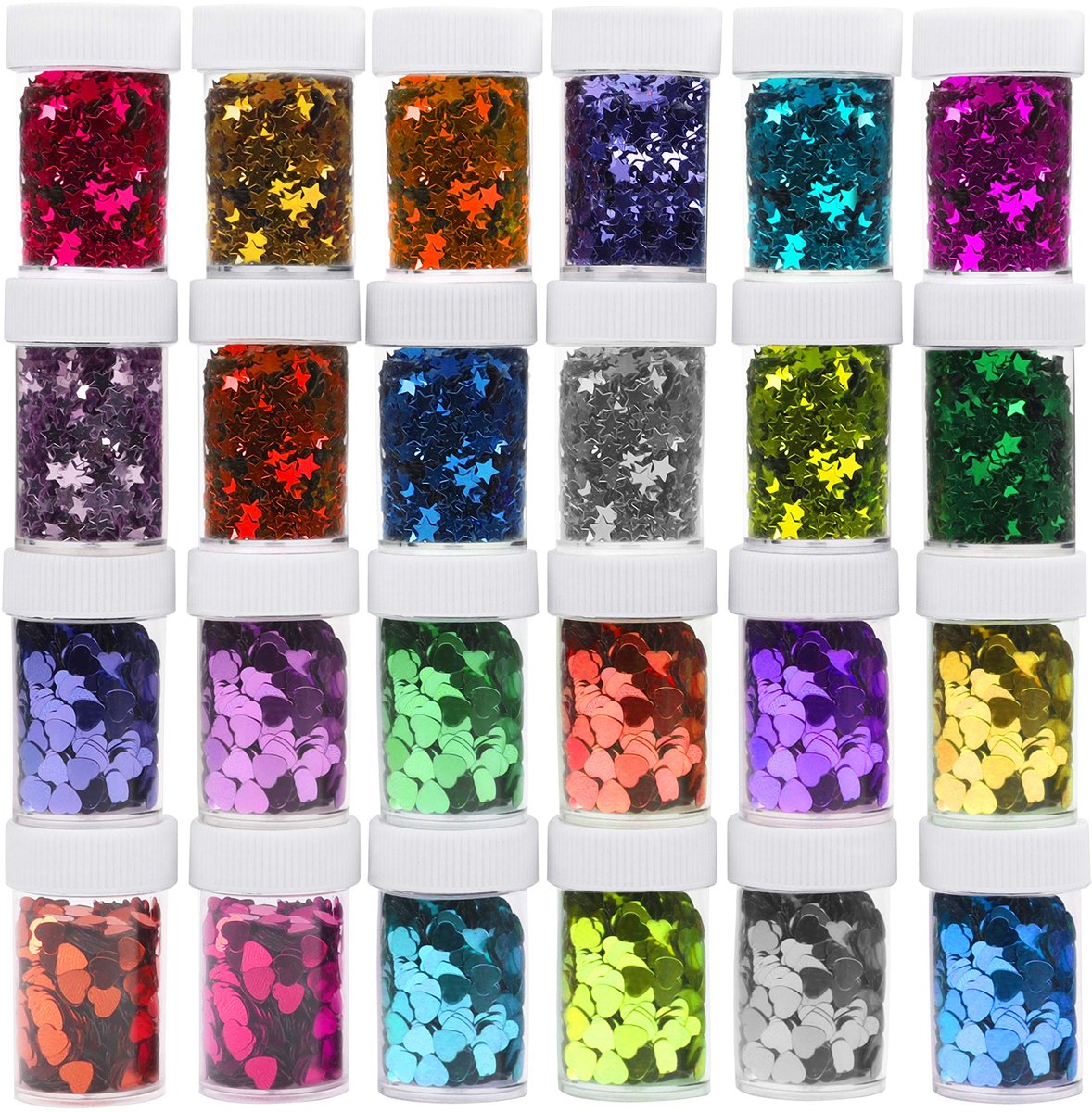 Kurtzy 24 Pak Hart & Ster Pailletten Potten – Glinsterende Kleurrijke Confetti Glitter Potten – Pailletten Voor Slijm, Scrapbooken, Feestjes, Nail Art, Schoolprojecten, Festival Face Art, Cosmetica