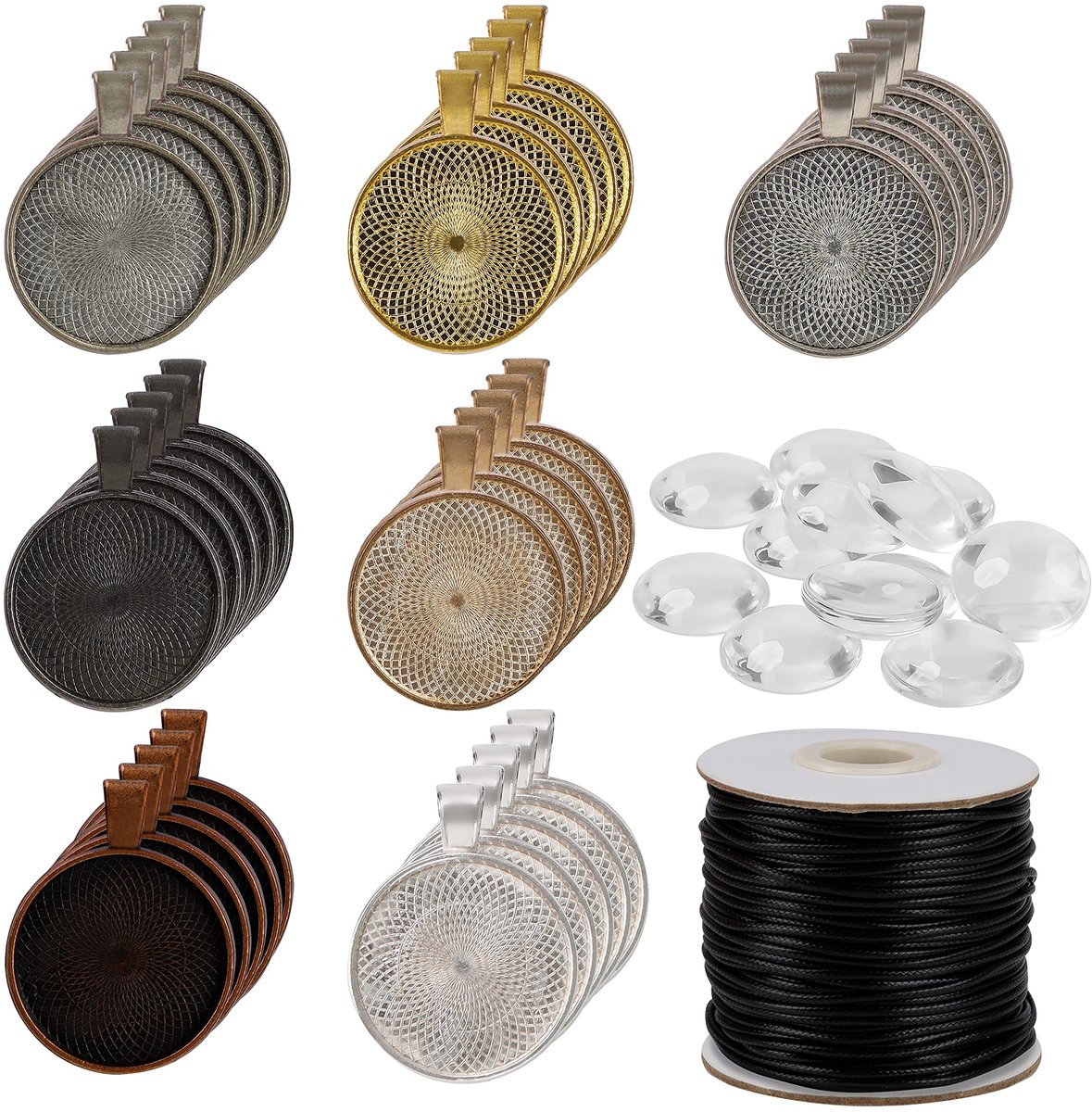 Kurtzy Hanger Bakken met Cabochons Set (71 Delig) – 35 Glazen Cabochons en 35 Ronde Blanke Bezel Trays in 7 Kleuren met Ketting Koord – DIY Hobby Set voor Sieraden Maken en Foto Sieraden