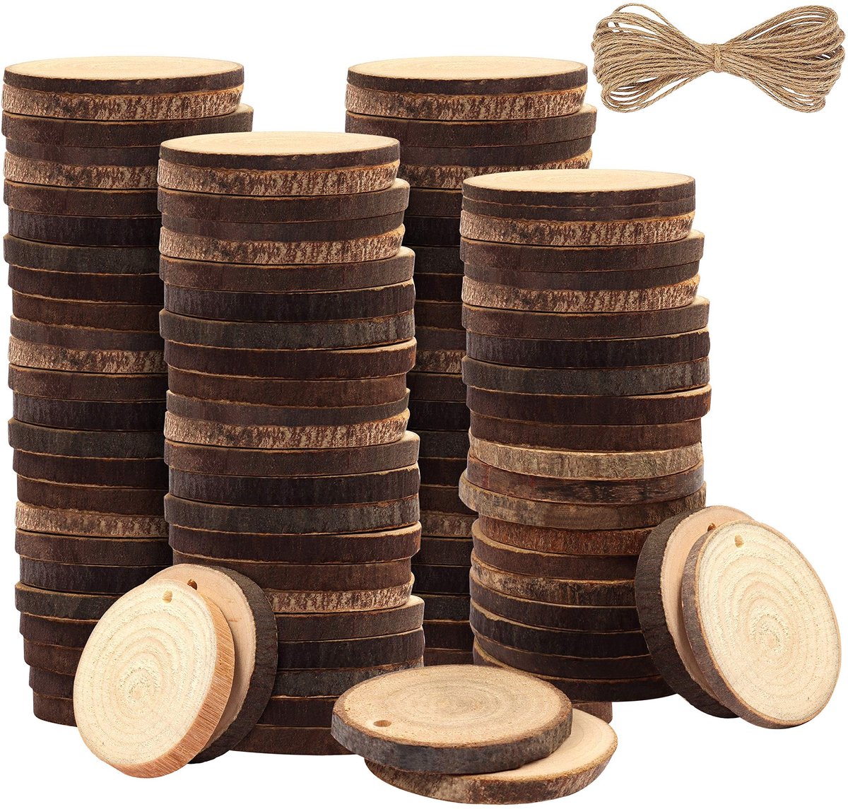 Kurtzy Onbewerkte Natuurlijk Houten Schijven (100 Pak) – 3-5cm Diameter & 5mm Dik – Voorgeboorde Gaten & 20m Jute Touw- Rustiek Houten Stam Schijven met Schors & Gladde Afwerking – Hobby & Decoratie