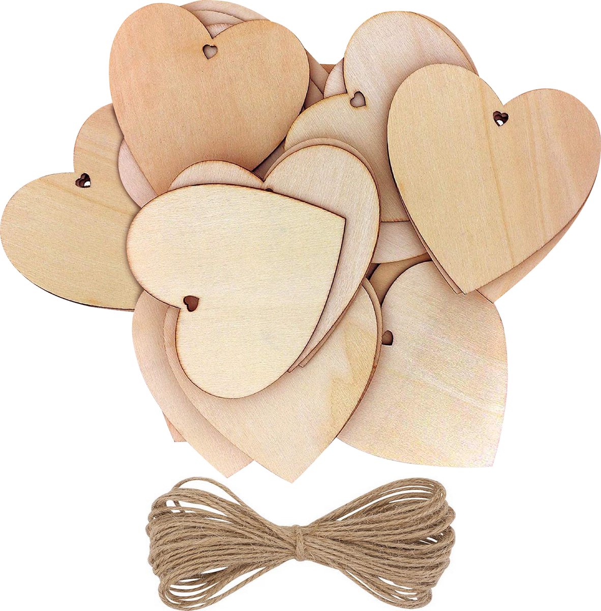 Kurtzy pak van 50 Houten Harten met 10m Natuurlijk Draad - 10x10cm Onbewerkt Houten Hart Vormen set met Gaten