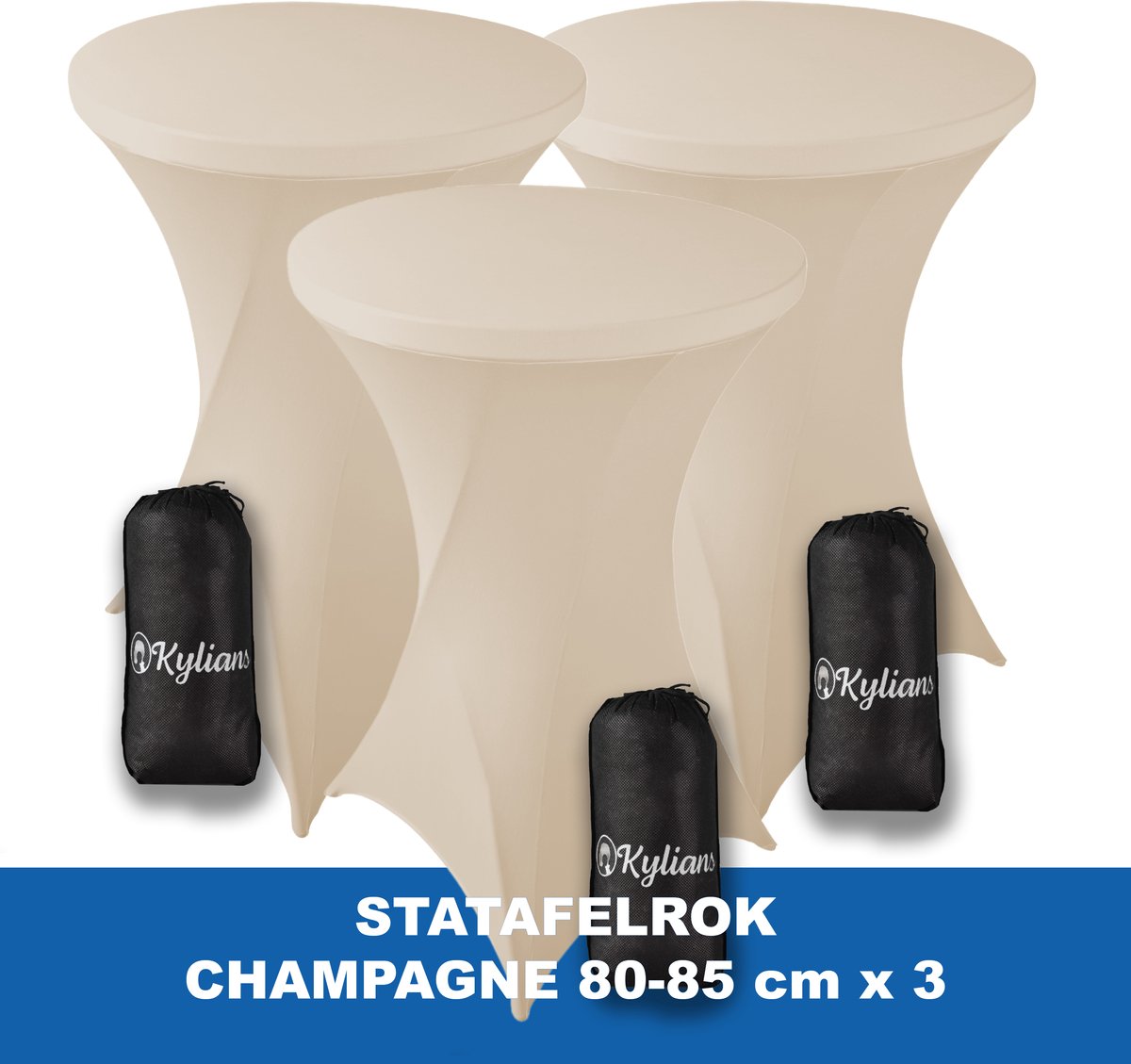 Statafelrok Champagne x 3 – 2 jaar garantie met Opbergtas - ∅ 80-85 x 110 cm - Statafelhoes - Luxe Extra Dikke Stretch Sta Tafelrok voor Statafel – Kras- en Kreukvrije Hoes