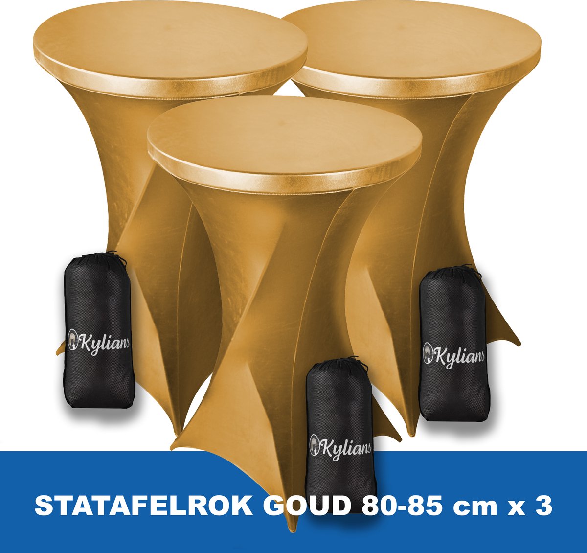 Statafelrok Goud x 3 – 2 jaar garantie met Opbergtas - ∅ 80-85 x 110 cm - Statafelhoes - Luxe Extra Dikke Stretch Sta Tafelrok voor Statafel – Kras- en Kreukvrije Hoes