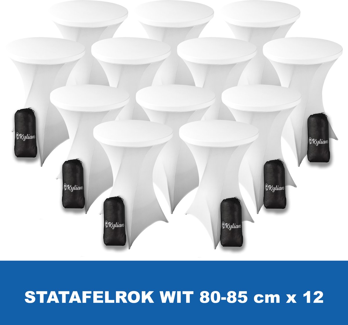 Statafelrok Wit x 12 – 2 jaar garantie met Opbergtas - ∅ 80-85 x 110 cm - Statafelhoes - Luxe Extra Dikke Stretch Sta Tafelrok voor Statafel – Kras- en Kreukvrije Hoes