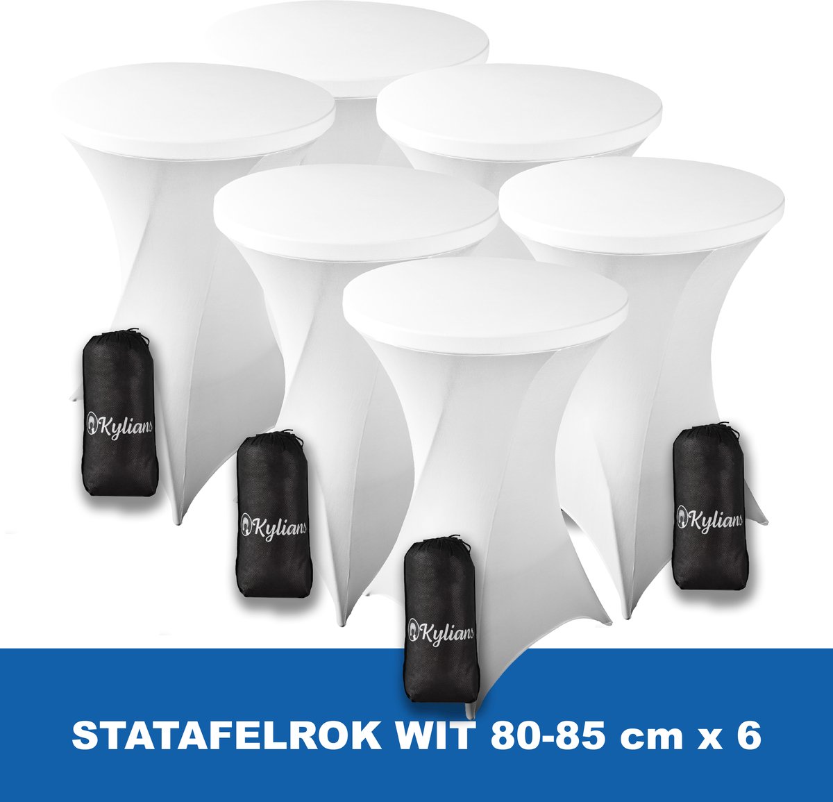 Statafelrok Wit x 6 – 2 jaar garantie met Opbergtas - ∅ 80-85 x 110 cm - Statafelhoes - Luxe Extra Dikke Stretch Sta Tafelrok voor Statafel – Kras- en Kreukvrije Hoes