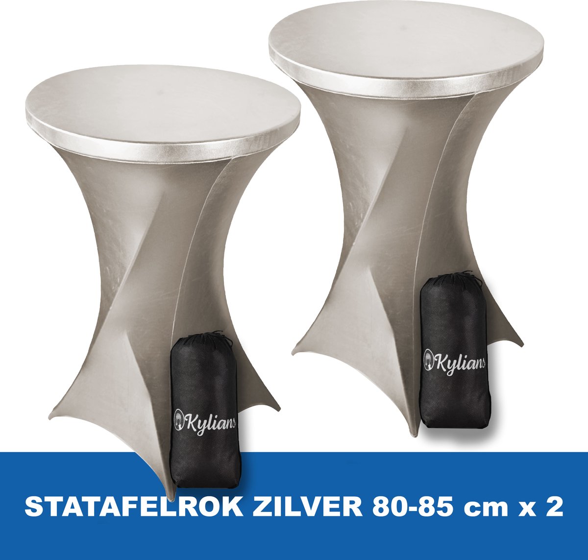 Statafelrok Zilver x 2 – 2 jaar garantie met Opbergtas - ∅ 80-85 x 110 cm - Statafelhoes - Luxe Extra Dikke Stretch Sta Tafelrok voor Statafel – Kras- en Kreukvrije Hoes