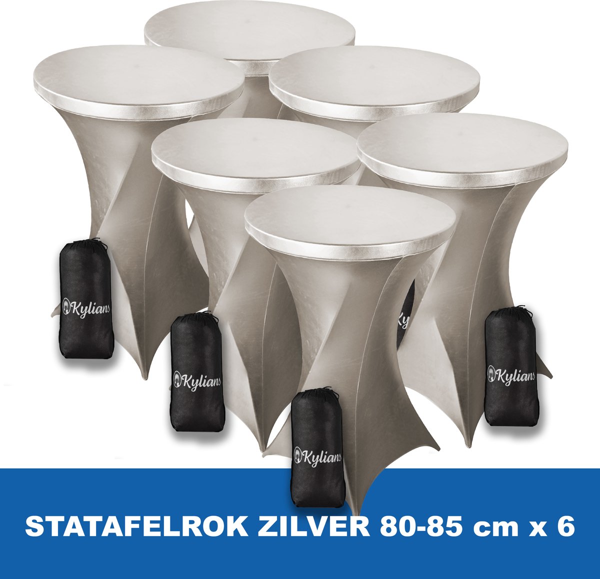 Statafelrok Zilver x 6 – 2 jaar garantie met Opbergtas - ∅ 80-85 x 110 cm - Statafelhoes - Luxe Extra Dikke Stretch Sta Tafelrok voor Statafel – Kras- en Kreukvrije Hoes