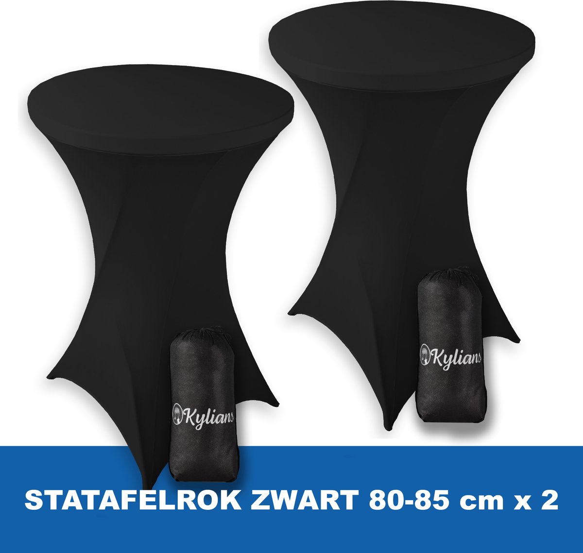 Statafelrok Zwart x 2 – 2 jaar garantie met Opbergtas - ∅ 80-85 x 110 cm - Statafelhoes - Luxe Extra Dikke Stretch Sta Tafelrok voor Statafel – Kras- en Kreukvrije Hoes - Kylians