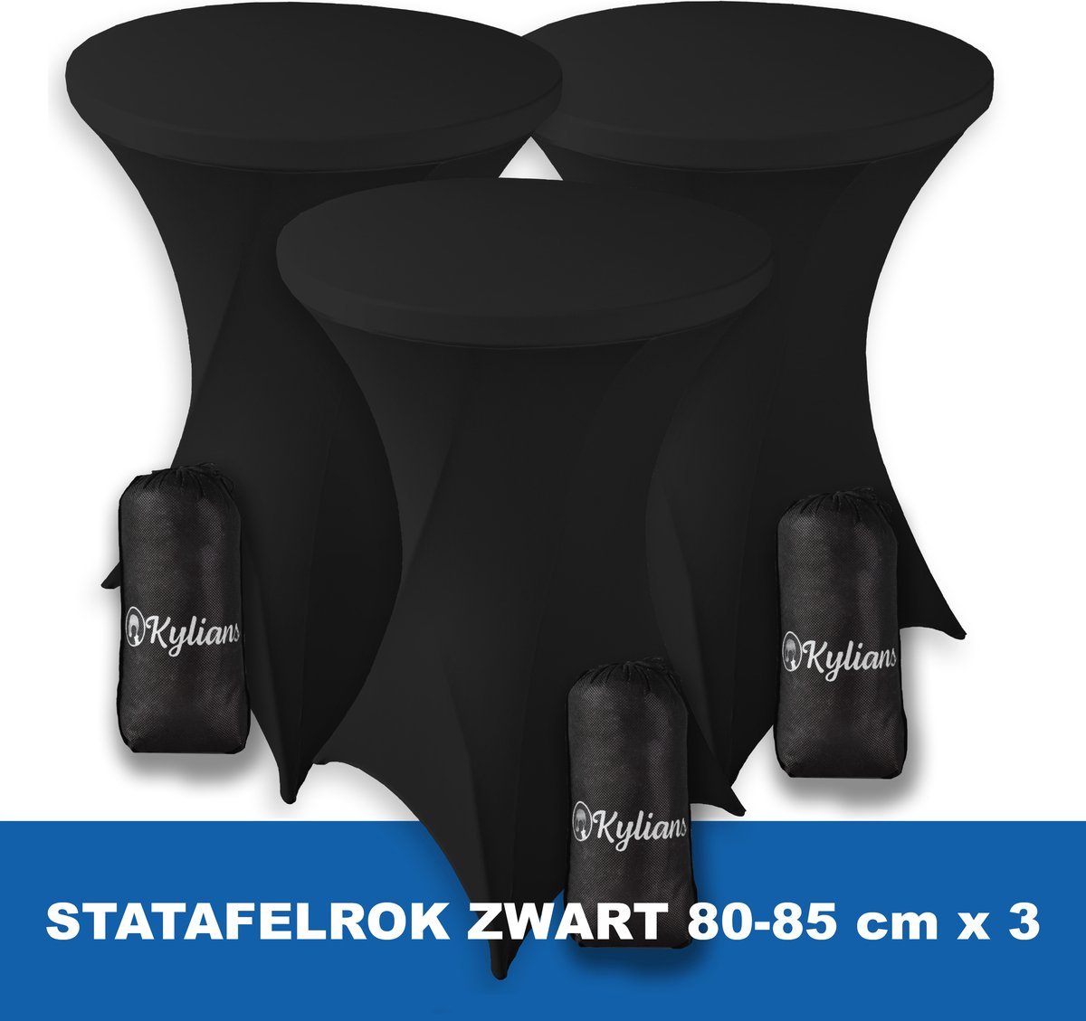 Statafelrok Zwart x 3 – 2 jaar Garantie met Opbergtas - ∅ 80-85 x 110 cm - Statafelhoes - Luxe Extra Dikke Stretch Sta Tafelrok voor Statafel – Kras- en Kreukvrije Hoes - Kylians