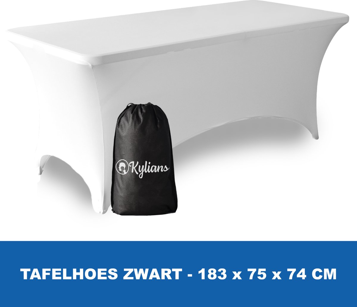 Tafelhoes Wit - 183 x 75 x 74 cm - voor Klaptafel / Buffettafel / Partytafel / Tuin Tafel / Campingtafel met Opbergzak - Luxe Extra Dikke Stretch Rok – Kras- en Kreukvrije Hoes