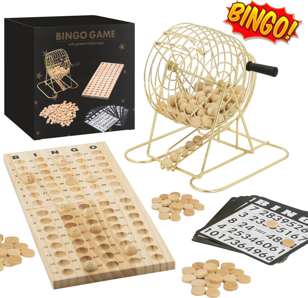 Kyto Bingospel Deluxe Goud + 500 verschillende Bingokaarten - Cijfers 1 t/m 75 Amerikaanse BINGO