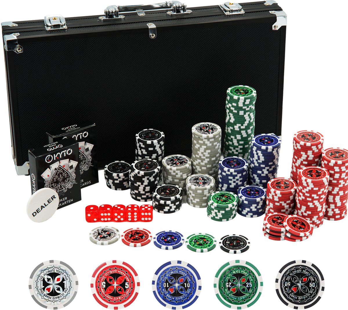Kyto pokerkoffer 300-delige pokerset - Ideale Texas Holdem-set - Met koffer, pokerchips, pokerkaarten en pokermat - Perfect pokerspel voor professionals en beginners in cash games en toernooipoker