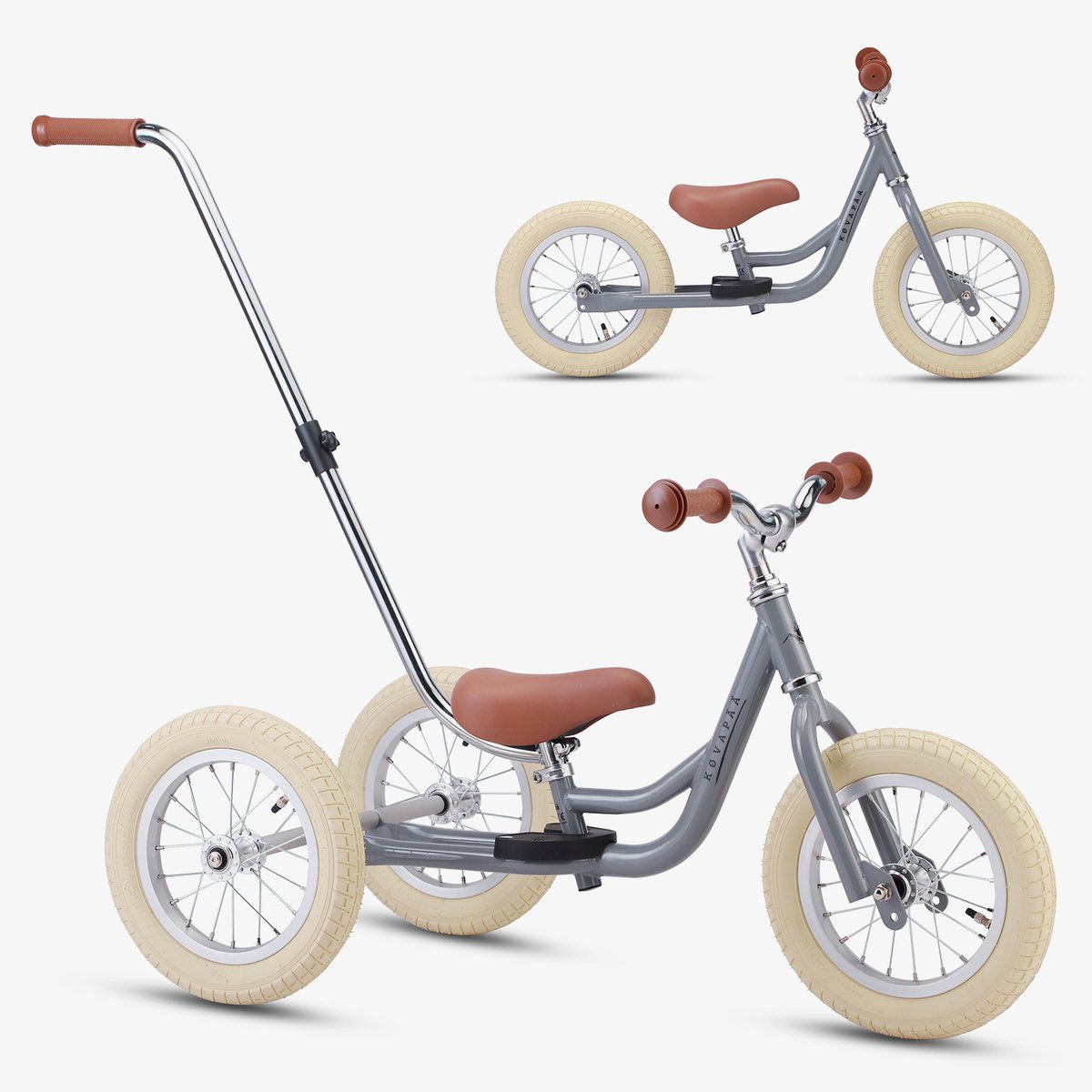 Køvapää Trike - 2 in 1 Loopfiets - 1.5 t/m 4 jaar - Met Naamsticker - 12 inch – Loopfiets - Grijs