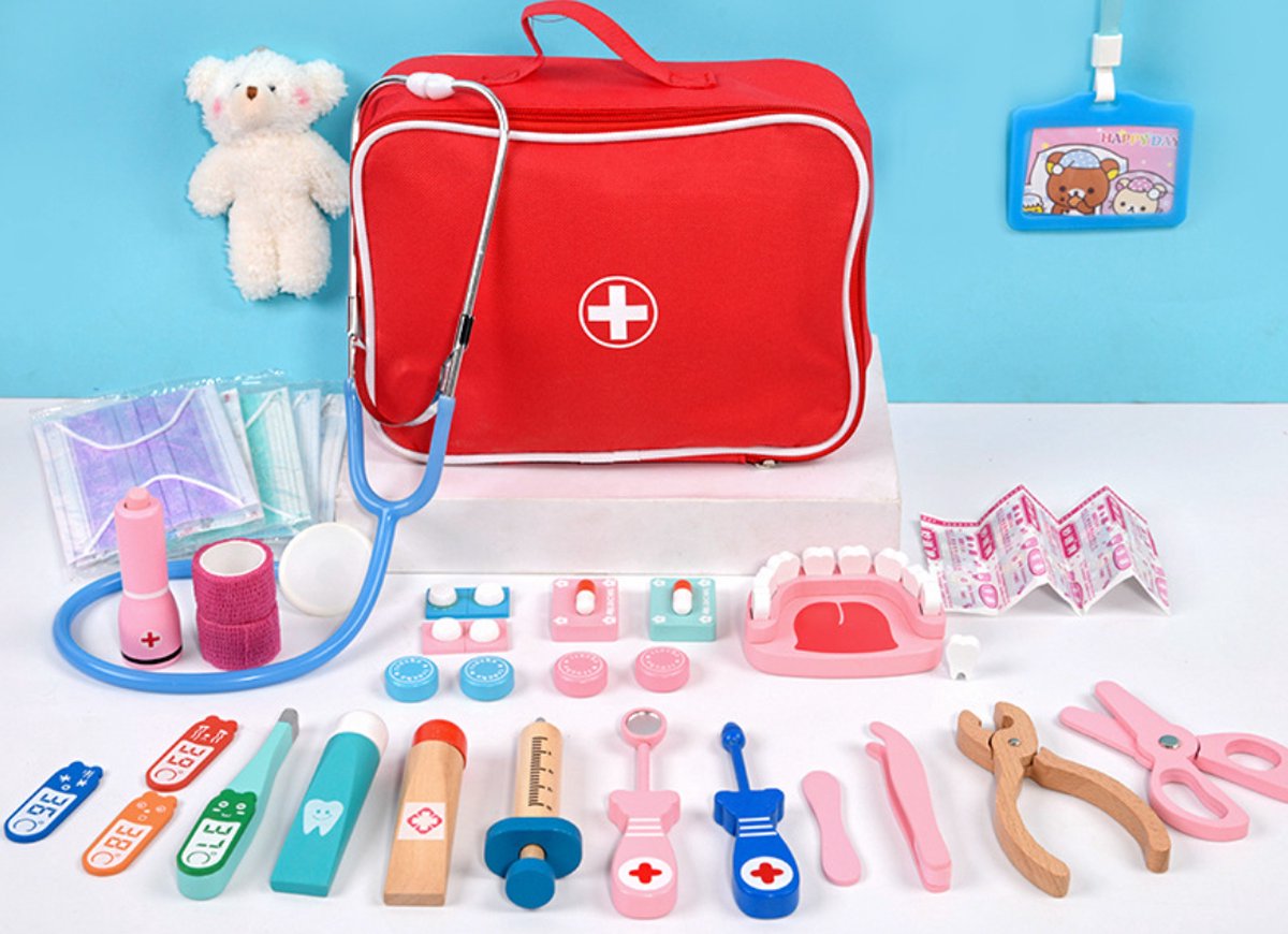 Luxe Houten Dokterskoffertje met Accessoires 25 delig & Kleine Beer - Rood - Tandarts Speelgoed Doktersset - Doktersset Speelgoed - Speelgoeddokter – Ideaal voor kinderen om bezoekjes aan de huisarts vertrouwder te maken