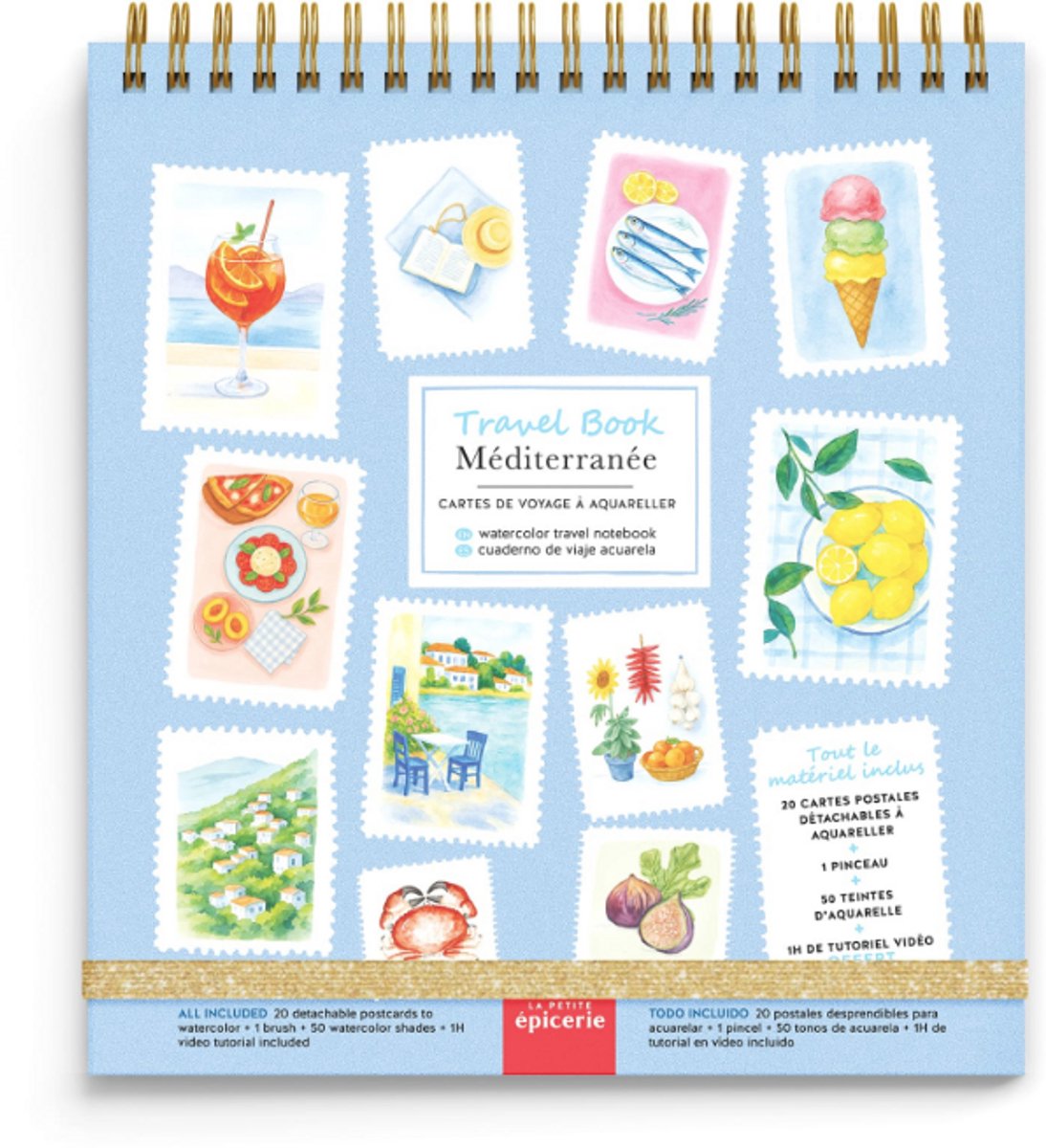 La Petite Epicerie Travel Note “Méditerranée” 13x18cm Aquarel Reisnotitieboek alles inbegrepen 20 afneembare ansichtkaarten om te aquarellen + 1 penseel + 50 aquareltinten + 1 uur durende video-tutorial inbegrepen 250gr