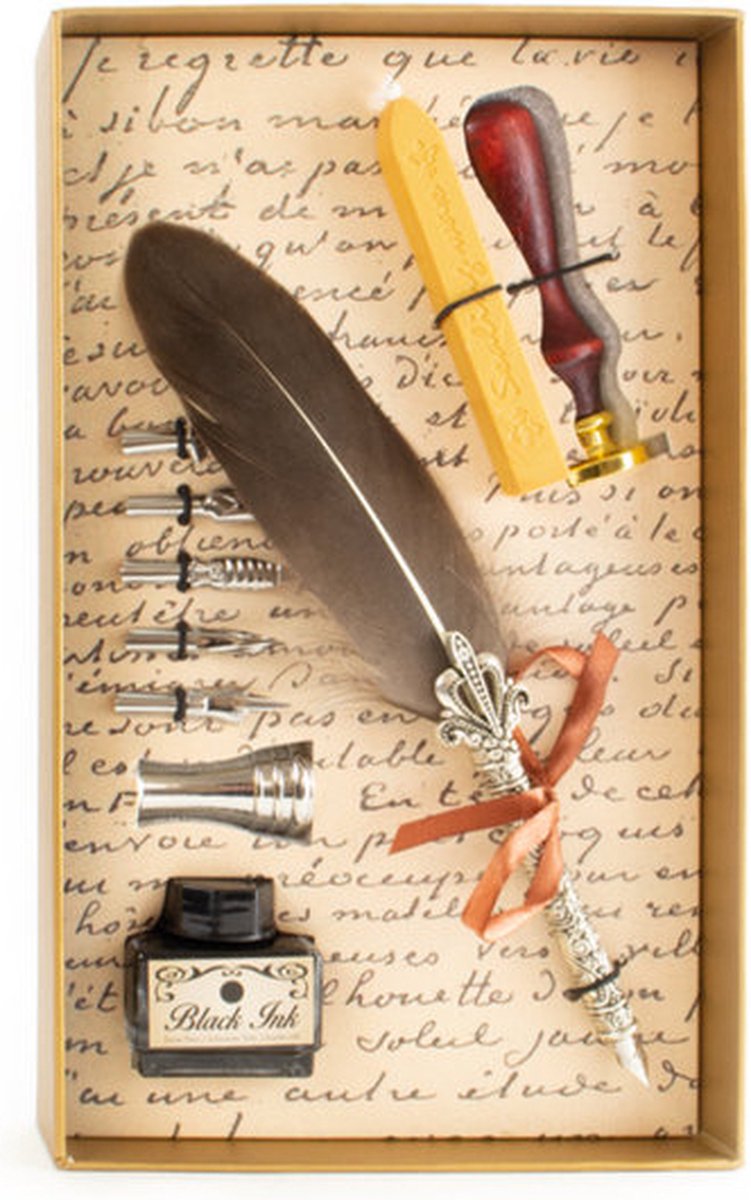 Luxe Kalligrafie inktset met waxstempel in lichtgouden doosje