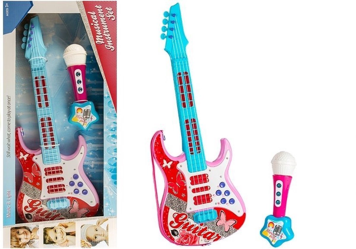 Elektrische Speelgoed gitaar voor kinderen Met Microfoon Blauw/Roze - Kinder Gitaar 57 cm - Speelgoedgitaar