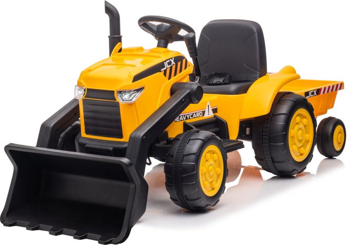 Elektrische kinder tractor met voorlader en trailer - accu tractor voor kinderen tot 30kg max 2,5 - 3,5km/h geel - inclusief aanhanger - bulldozer - 12V