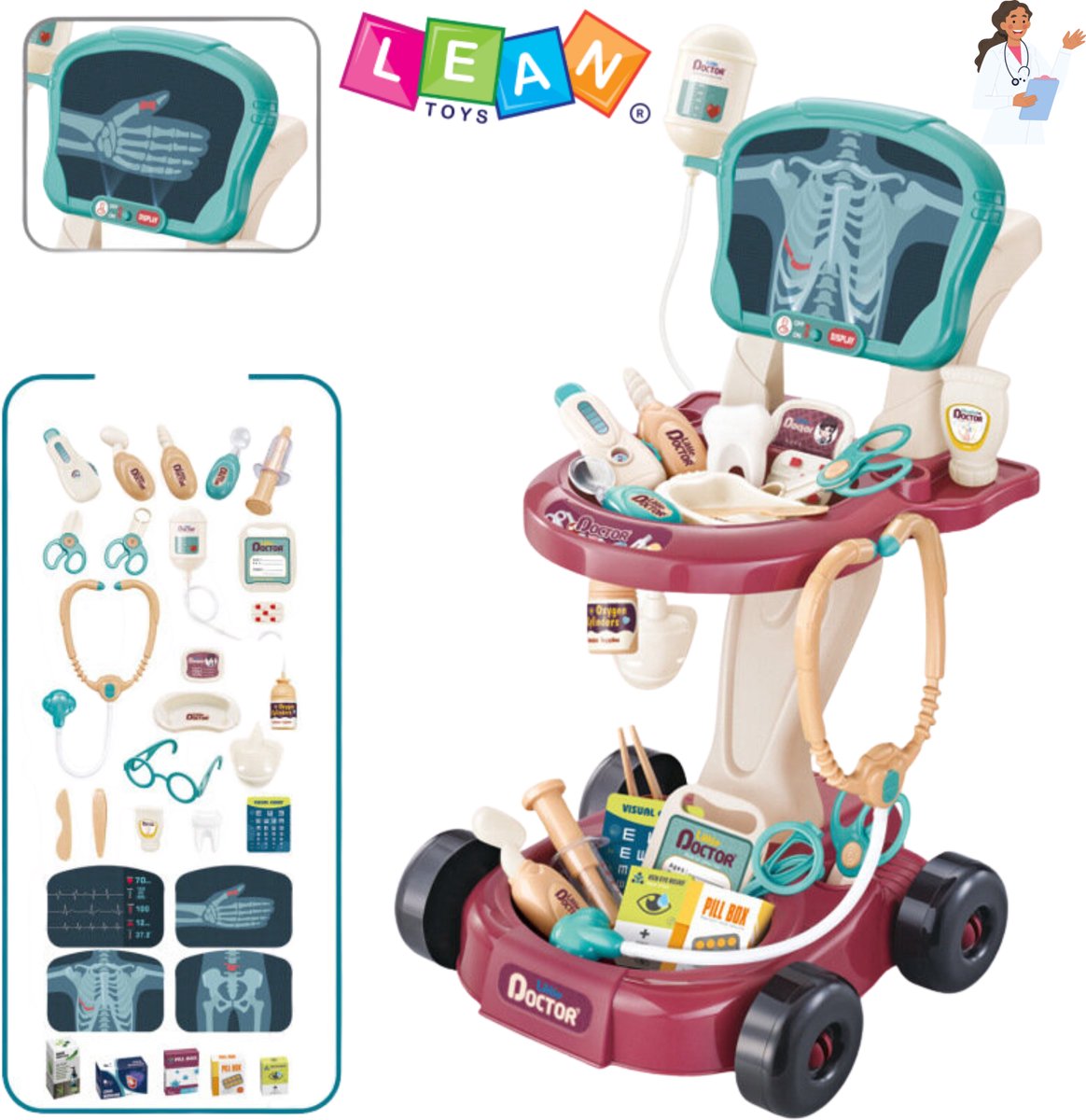 LEAN Toys 17-delige Kinder Dokterset Speelgoed – Dokterstafel op Wieltjes met EKG, Stethoscoop, Thermometer & Accessoires – Educatief Rollenspel +3 – Dokterset Speelgoed + E-Book