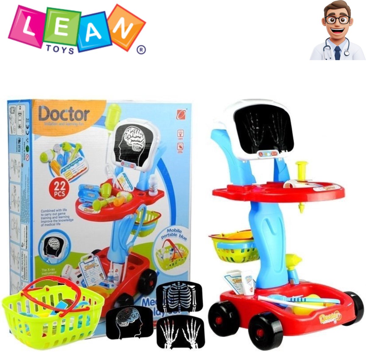 LEAN Toys 22-delige Kinder Dokterset Speelgoed – Medische Dokterskar met Stethoscoop, Röntgenfoto’s, Hartslagmeter & Accessoires – Educatief Rollenspel +3 – Dokterset Speelgoed + E-Book