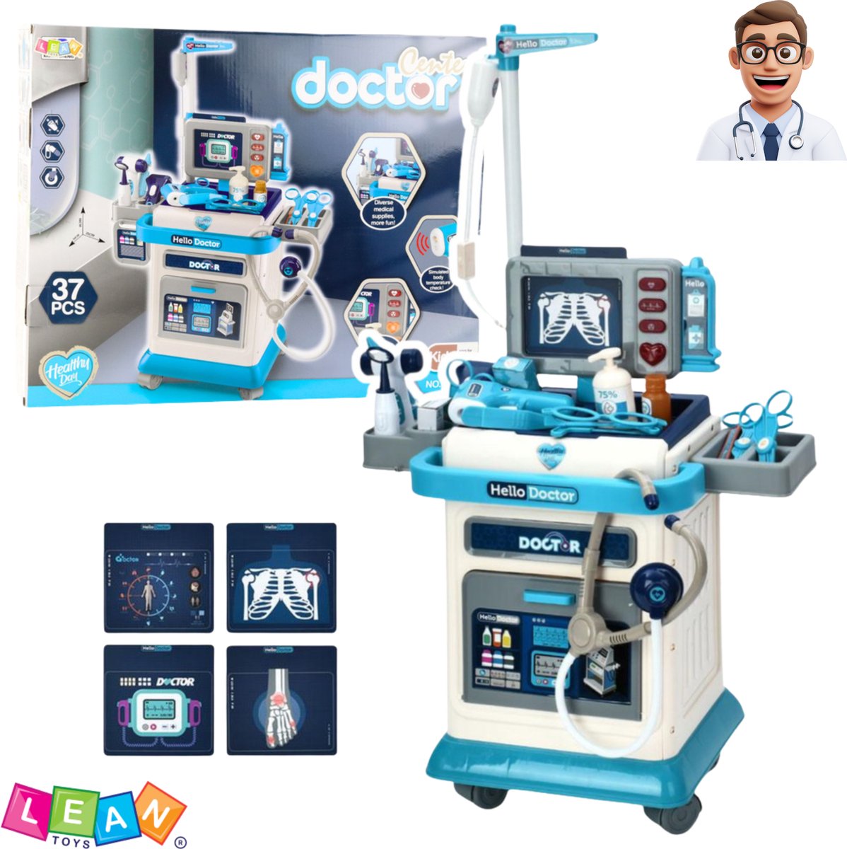 LEAN Toys 37-delige Kinder Dokterset Speelgoed – Dokterset Speelgoed - Mobiele Dokterskar met Licht- & Geluidseffecten, Inclusief Stethoscoop, Thermometer & Accessoires – Educatief Rollenspel +3 – Met E-Book