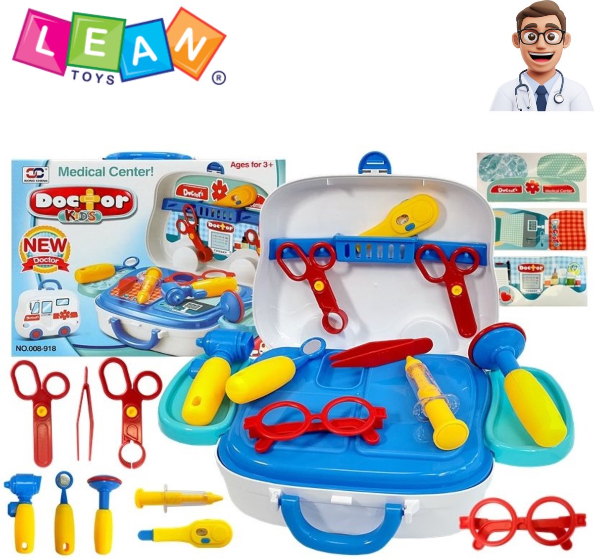 LEAN Toys Medische Koffer op Wielen – Dokterset Speelgoed - Dokters Speelset met 12 Accessoires, Thermometer, Spuit, Schaar & Veilig Speelgoed – Educatief Rollenspel voor Kinderen + Gratis E-Book
