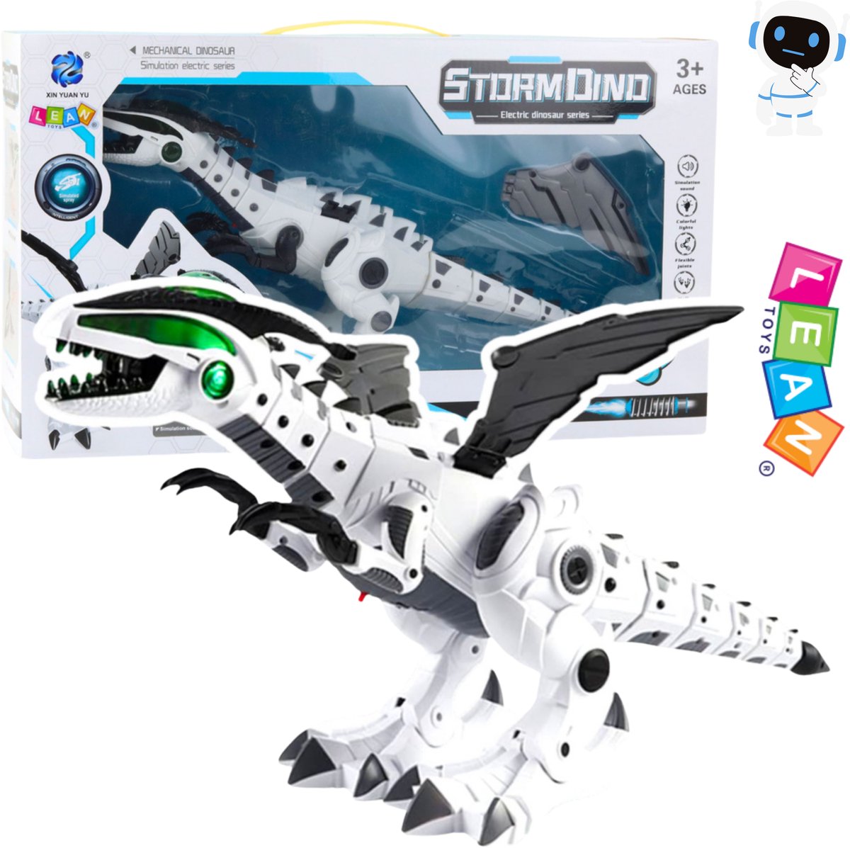 LEANTOYS Lopende Dinosaurus Robot Wit – Robot - Batterij Aangedreven Speelgoed met Licht en Geluid, Bewegende Robotdino met Realistische Brul, LED Effecten, Duurzaam Kinderspeelgoed Jongens en Meisjes 3+ Met Ebook