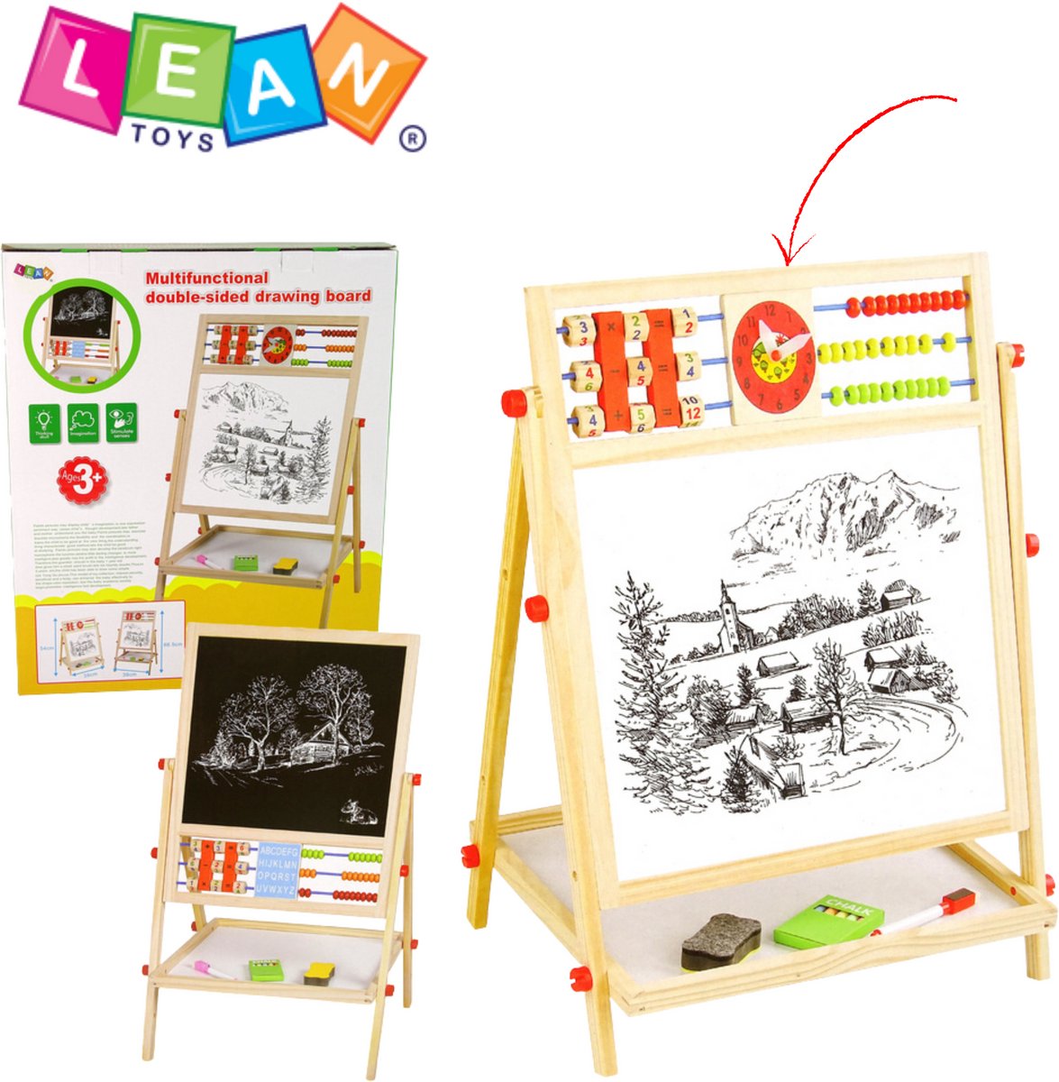 LeanToys - 6-in-1 Dubbelzijdig Houten Educatief Bord voor Kinderen – Krijtbord - Whiteboard - Kralenteller - Klok - Alfabet en Opbergplank - Speelbord - Educatief Speelgoed - Schoolbord - Schoolbord kinderen - Magneetbord + Gratis E-Book