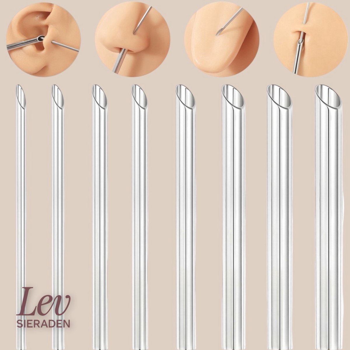 Lev Sieraden - Body piercing naalden set van 5 stuks 2 mm dikte - steriel verpakt - 12G Needle - Sterile - SET van 5