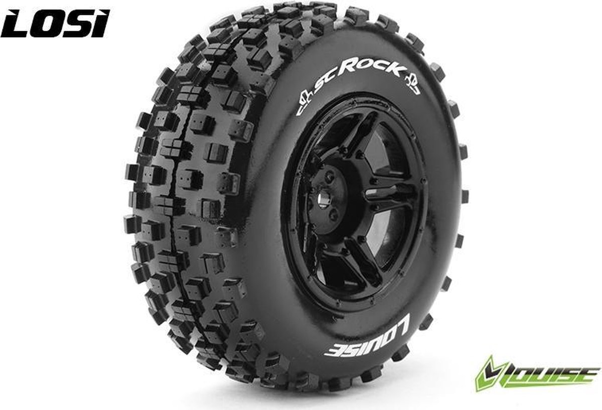 Louise RC - SC-ROCK - 1-10 Short Course Bandenset - Gemonteerd - Soft - Velgen Zwart - Losi TEN-SCTE 4X4 - L-T3229SBLA