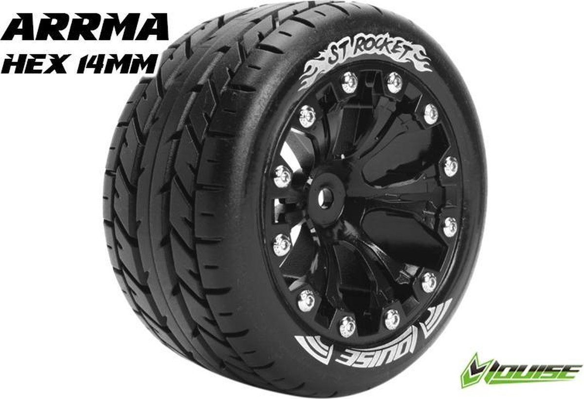 Louise RC - ST-ROCKET - 1-10 Stadium Truck Bandenset - Gemonteerd - Sport - Velgen 2.8 Zwart-Chrome - Zeskant 14mm - L-T3208SBCM
