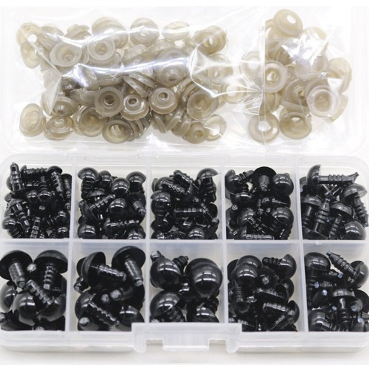 142 Delige  jes - beer oogjes - knuffel oogjes - inclusief sluitringen – Met Opbergdoosje - Zwart -  