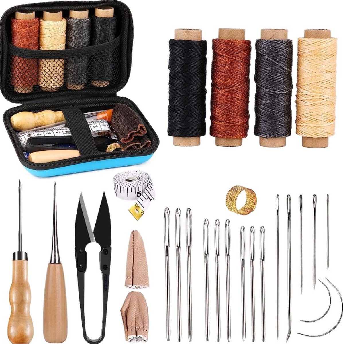 28 Delige Leer Reparatie Set - Leerbewerking - Leerbewerking Naaiset - Naaigaren & Naai Accessoires - Gereedschap voor leer - LOUZIR