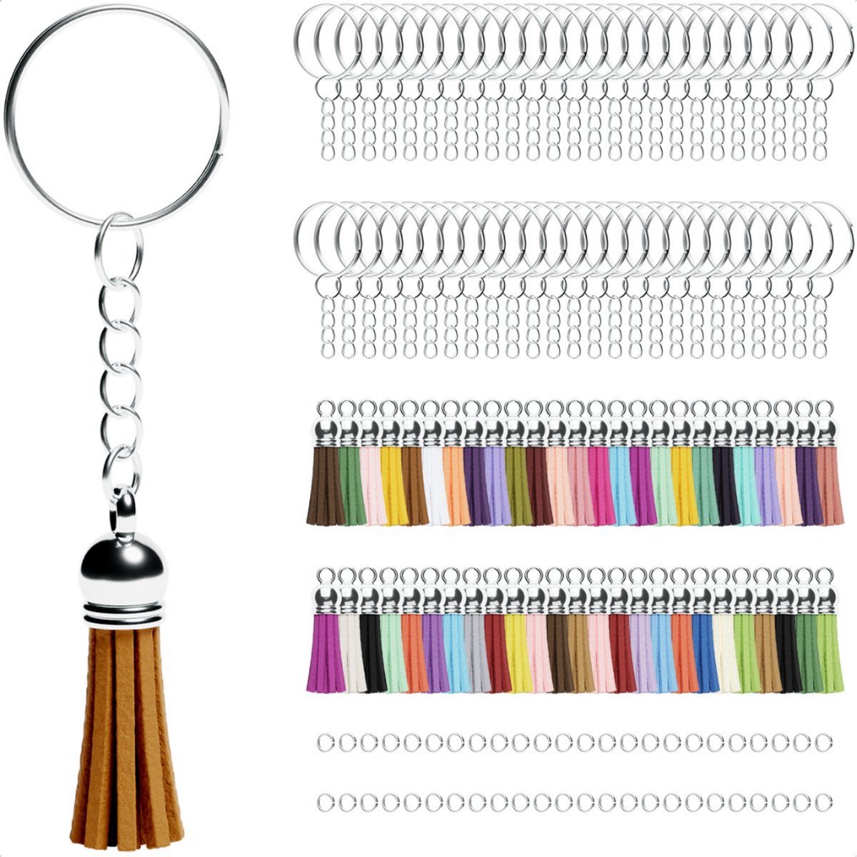 50 Stuks Sleutelringen met Kwastjes - Sieraden maken - Sleutelring 24 mm met Kwastje - Sleutelhanger - Splitringen en Ketting - LOUZIR