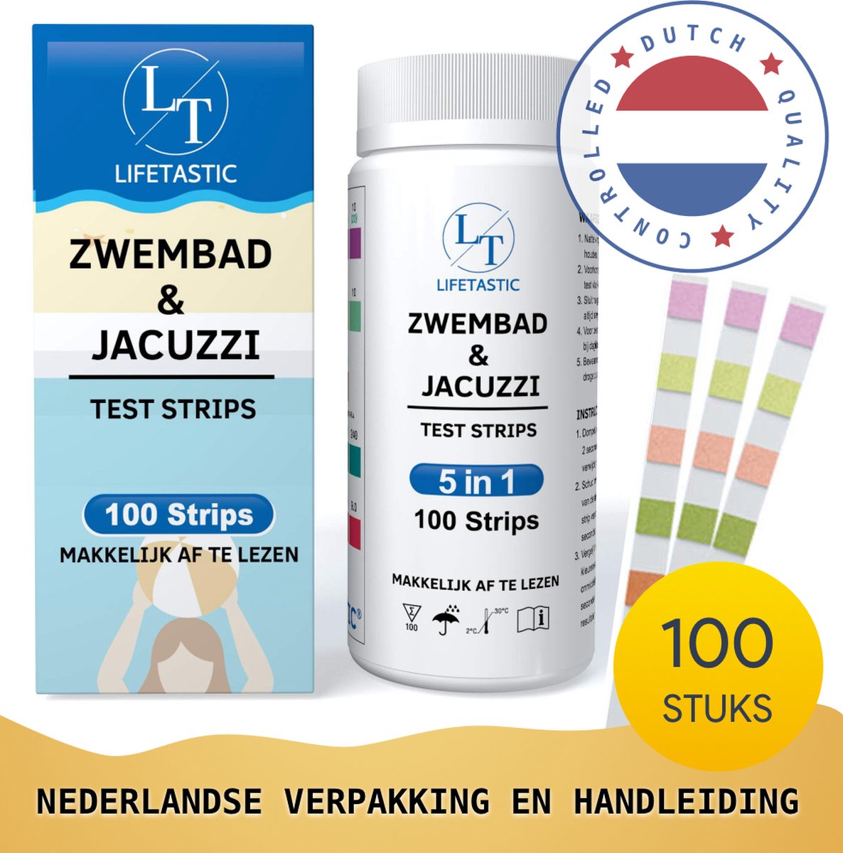 LT LIFETASTIC 100 stuks - 5 in 1 Teststrips zwembad - Waterkwaliteit Controle - Spa - Jacuzzi - Chloor - pH Waarde - Veilig Zwemmen - Onderhoud - Water - NL Verpakking en Handleiding - Handige Hersluitbare Verpakking