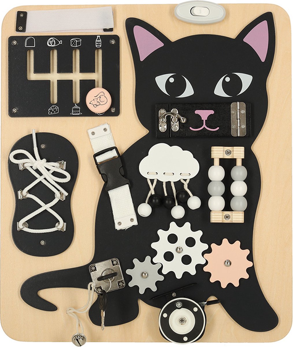 Lulilo Houten Manipulatie Bord - Kat - Sensorisch ManipulatieBord - Educatief Speelgoed - Leer Veters Strikken - Stimuleert Motoriek en Creativiteit