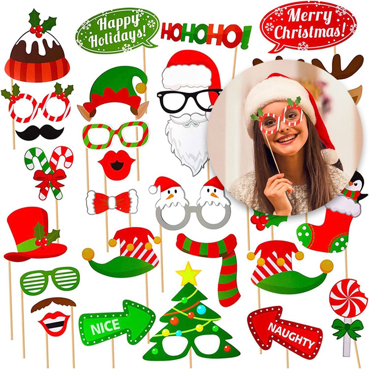 LUQ - Kerst - Foto Props - Kleding - Photobooth - Props - Kerstversiering - Decoratie - Kerstfeest - Verkleden - DIY - 32 Stuks
