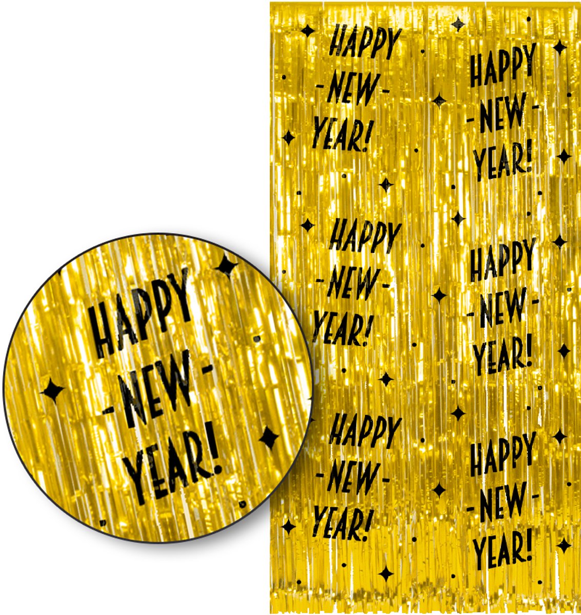   – Happy New Year Franjes Gordijn – Goud & Zwart Tinsel Curtain 2x1 m – Luxe feestdecoratie voor oudejaars party.