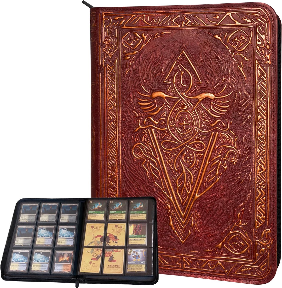 Verzamelmap Geschikt voor Pokémon kaarten, Magic The Gathering, Lorcana Disney Trading Card Game - 3D PU Leather Spellbook Design - Side Loading Map voor MTG & andere trading card games - 20 Paginas voor 360 Card Sleeves - Rood