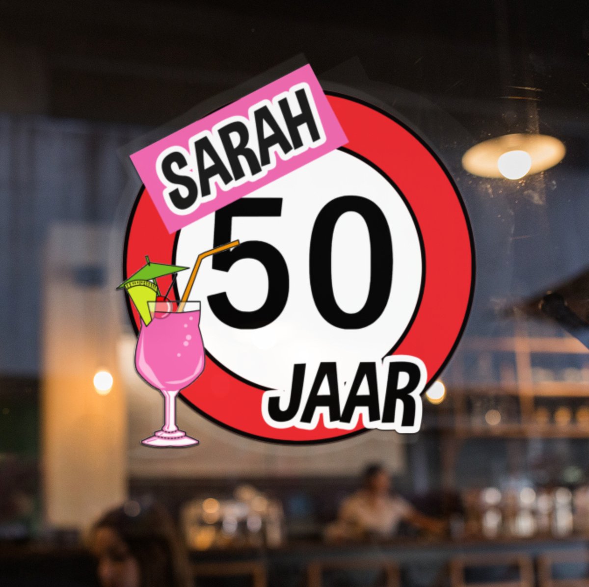 Sarah 50 jaar raamsticker- verjaardag Sarah- 50 jaar verjaardag.