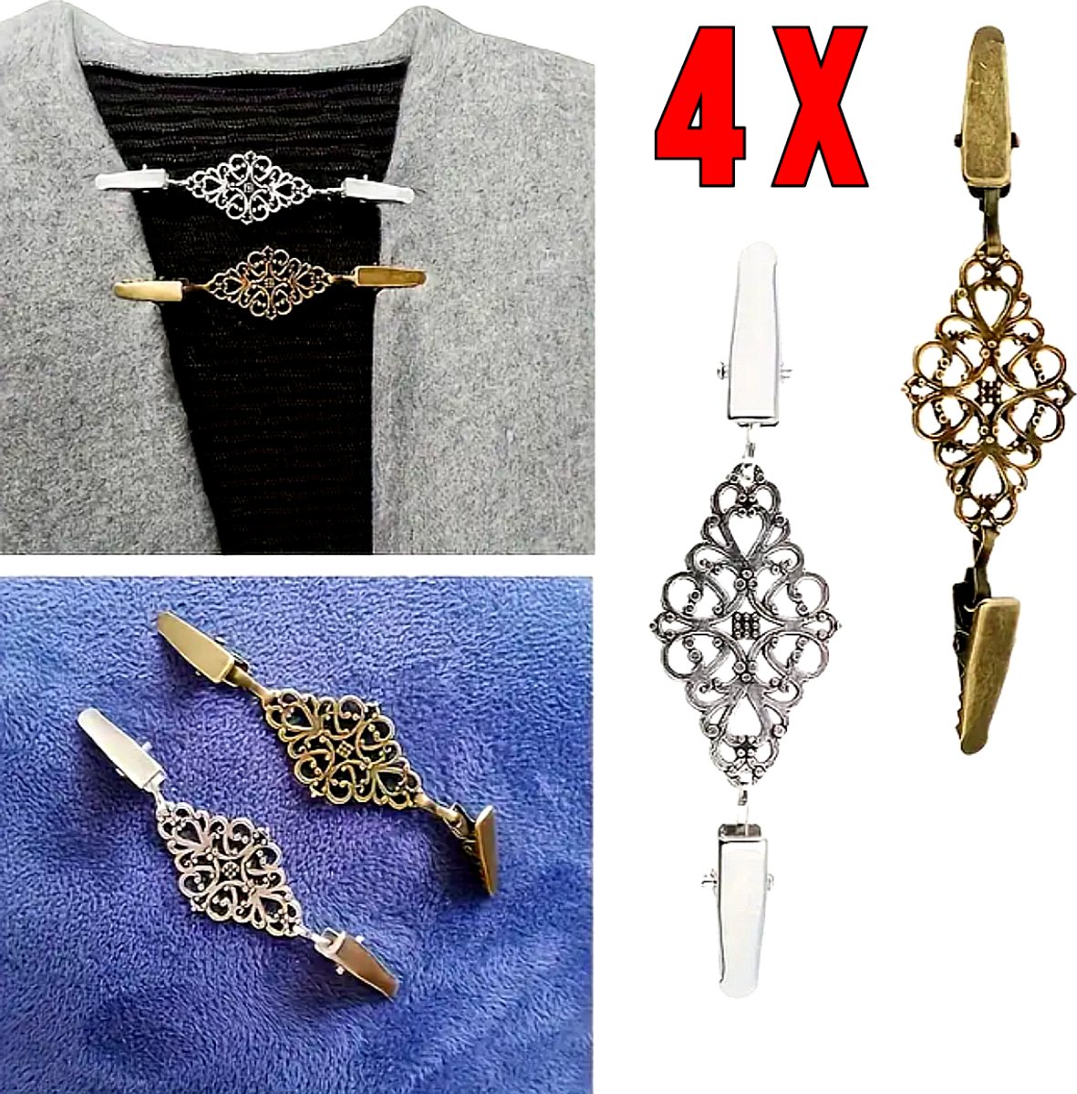  ® Kledingclips Set – 4 Stuks in Brons & Zilver – Elegante Clip Accessoires voor Dameskleding
